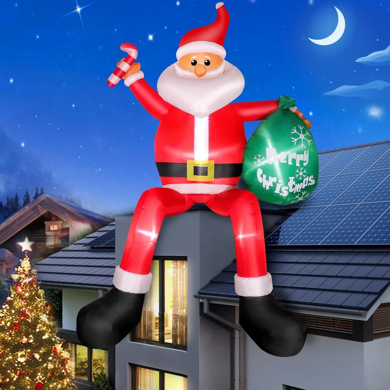 Led-kerstman, zittend met groene zak, IP44, weerbestendig, enorme kerstdecoratie voor straathuizen, terras, struiken