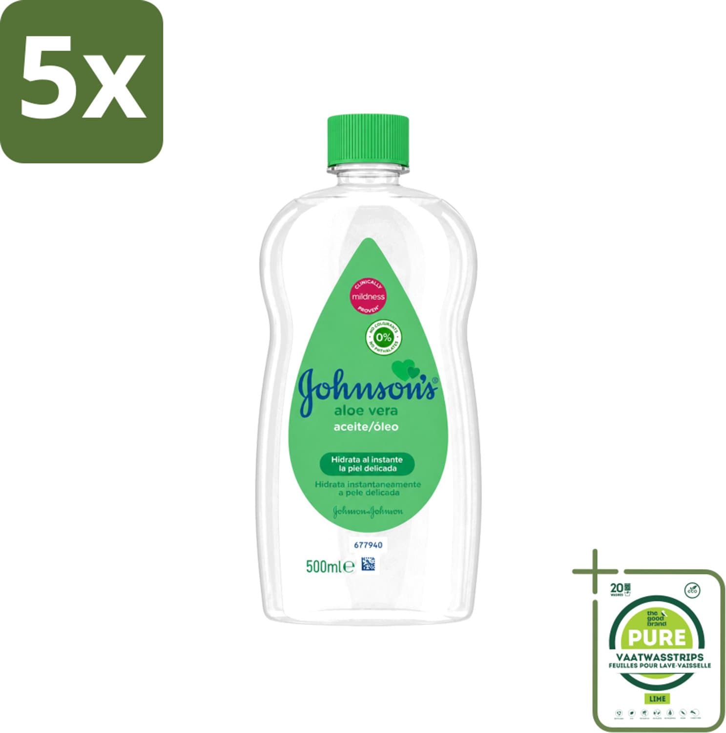 5 x Johnson's - Baby Olie - Aloe Vera - Hydrateerd Gevoelige Huid - 500 ml - Grootverpakking - Vaatwasstrips - Babyolie - Aloe Vera - Gevoelige Huid - Melkkorst Verwijderen - Hydraterende Olie