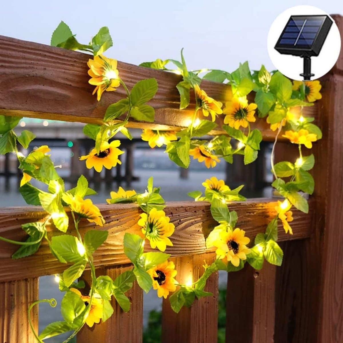 YAGXIG Zonnebloemlamp - Waterdicht - 5 meter, 50 LED's - Op zonne-energie werkende feeënzonnebloem - Geschikt voor binnen- en buitengebruik, Kerstmis, bruiloften, feesten, tuinen, vakantie, landschapsarchitectuur, decoratie - Warm wit