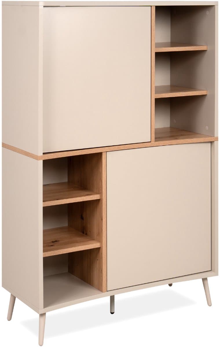 CALICOSY - Dressoir met 2 deuren, 6 decoratieve niches in zandkleur en eiken, handgemaakt, hoogte 140 cm - MYR