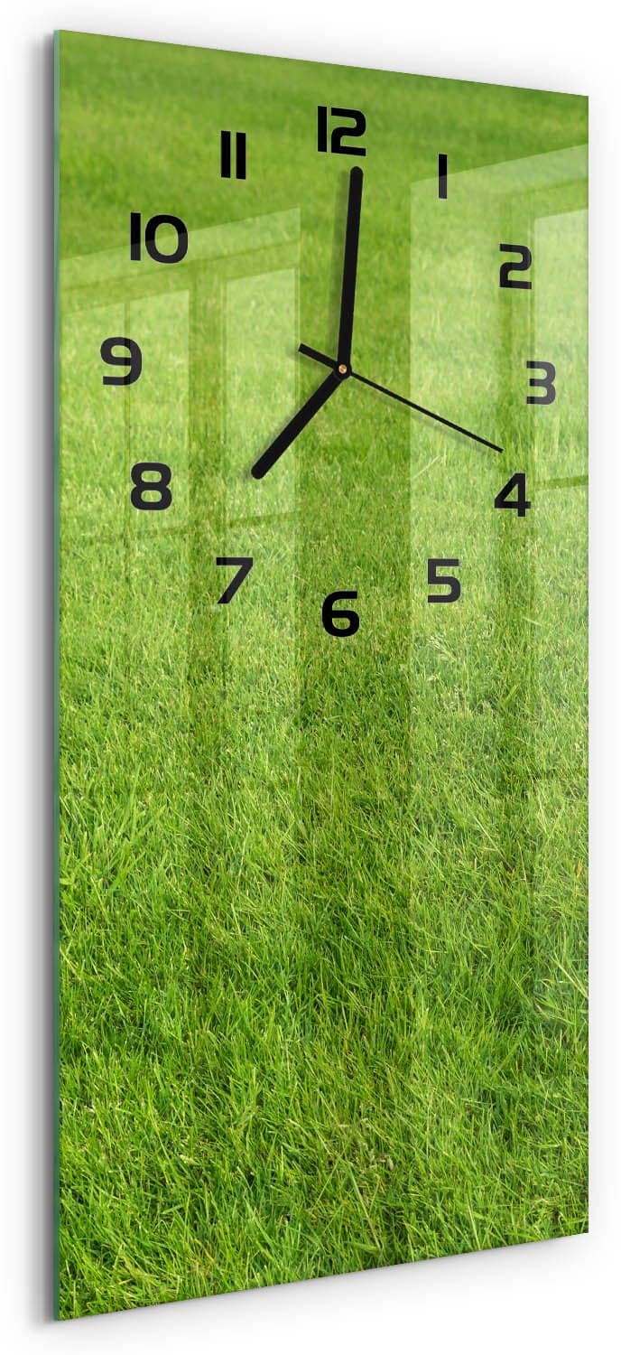 Tulup Wandklok - Groen gras Klok Glas Met Opdruk - 30x60 cm - Groente Moderne Wandklok Glas - Zwarte handen - Rechthoekige Klok - Decoratieve Glazen Klok - Glazen Wandklok Design
