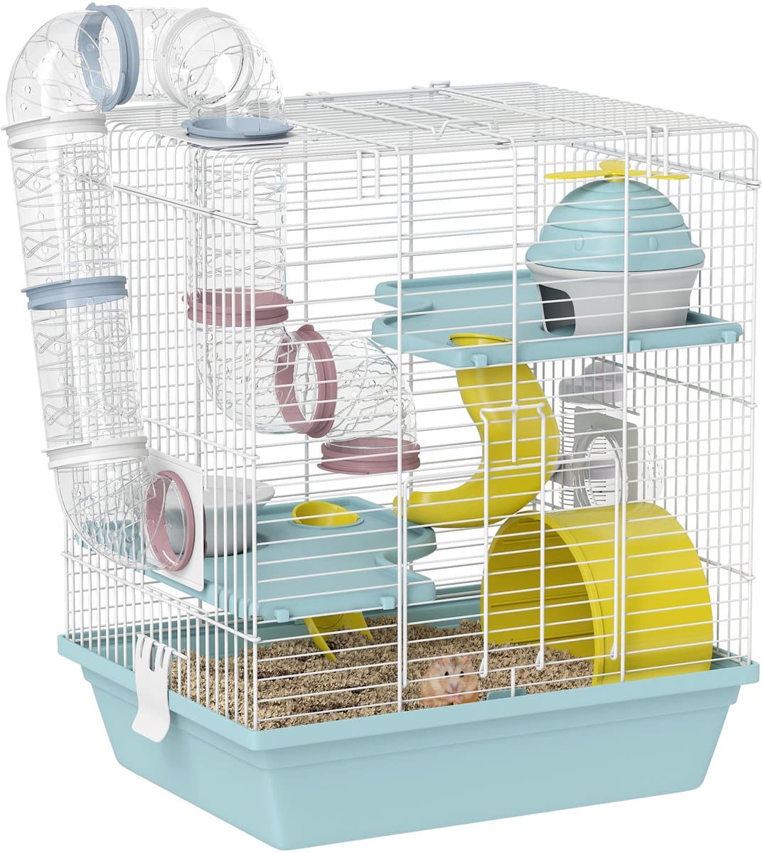 Hamsterkooi - 3 - laags knaagdierkooi - met loopwiel - speeltunnel - voerbak - schuilplaats - 34 - 5 x 27 - 5 x 41 cm - blauw