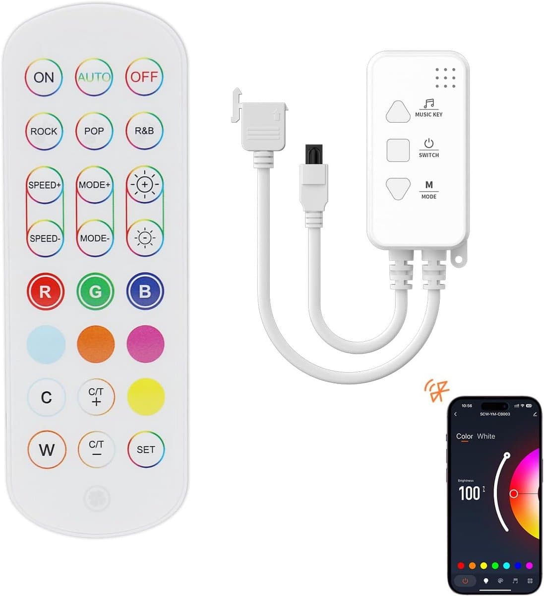 Controller dimmer voor RGB COB ledstriplicht, met app, muzieksync en IR-afstandsbediening voor het upgraden van 4-pins 10 mm ledstrips licht op bluetooth/2,4 G wifi-verbinding