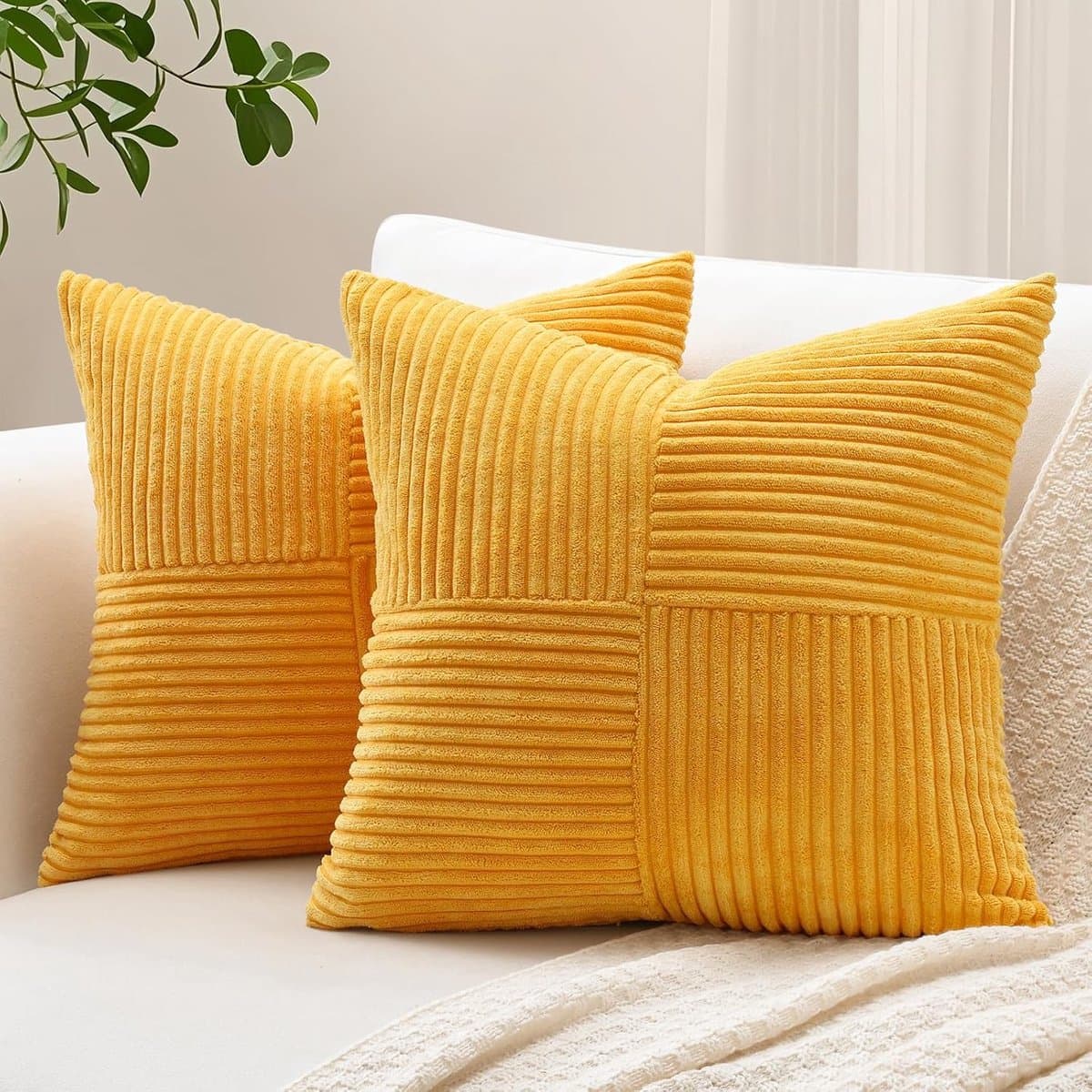 Set van 2 decoratieve kussenslopen 40 x 40 cm, zacht corduroy gestreept kruis patchwork getextureerde kussenslopen effen vierkante sierkussenhoezen voor bank bed terras 16x16 inch, goudgeel