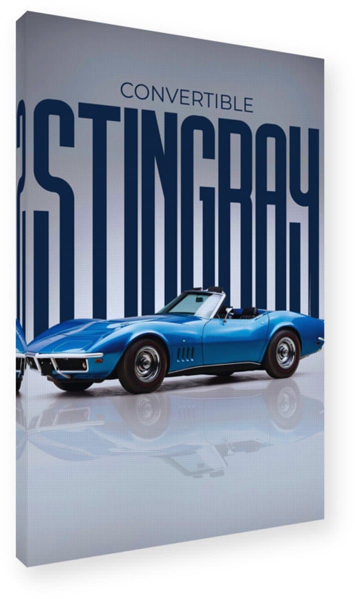 Corvette Stingray Schilderij - Wanddecoratie Canvas op Frame 20x30 cm - Vintage Auto Kunstdruk, Blauwe Cabriolet