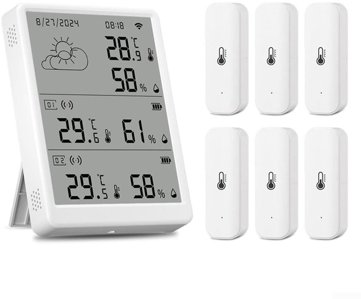 Slimme Wifi-hygrometer en thermometer voor nauwkeurige luchtvochtigheid en temperatuurmeting in huis en broeikas, inclusief app en 6 sensoren