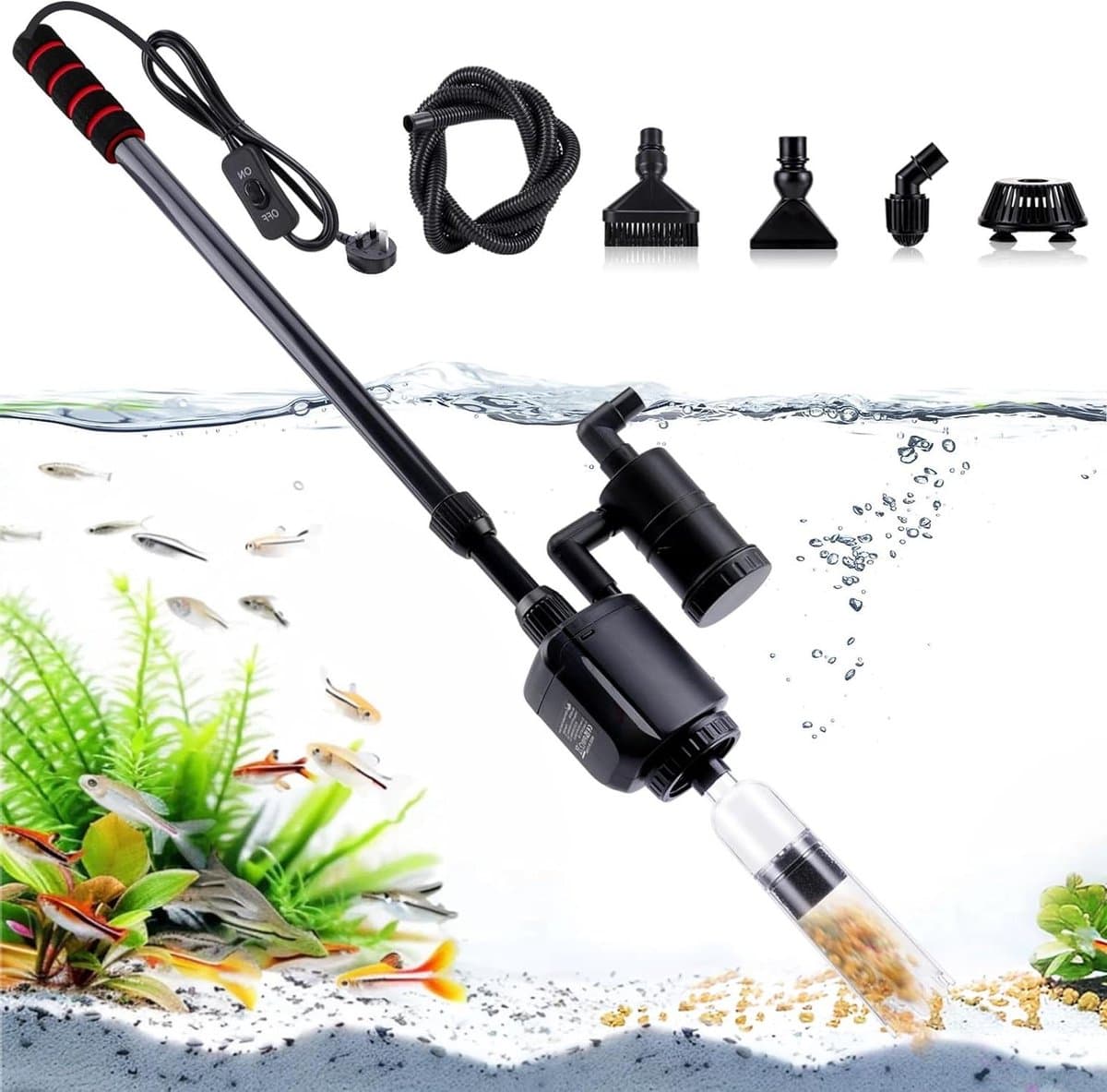 Aquarium Mulmstofzuiger - Waterwisselaar Filter - Aquarium Onderhoud - 6-in-1 Functies - Verstelbaar 43-85cm - Zwart