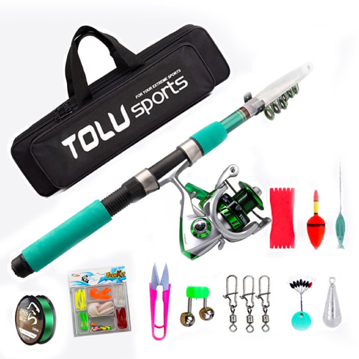 Woegel Vishengel Set Compleet – Visset met Inschuifbare Carbon Vishengel 1,8 Meter – Hengelset met Werpmolen, Vislijn en Visspullen – Inclusief Hengelsport Accessoires – Groen