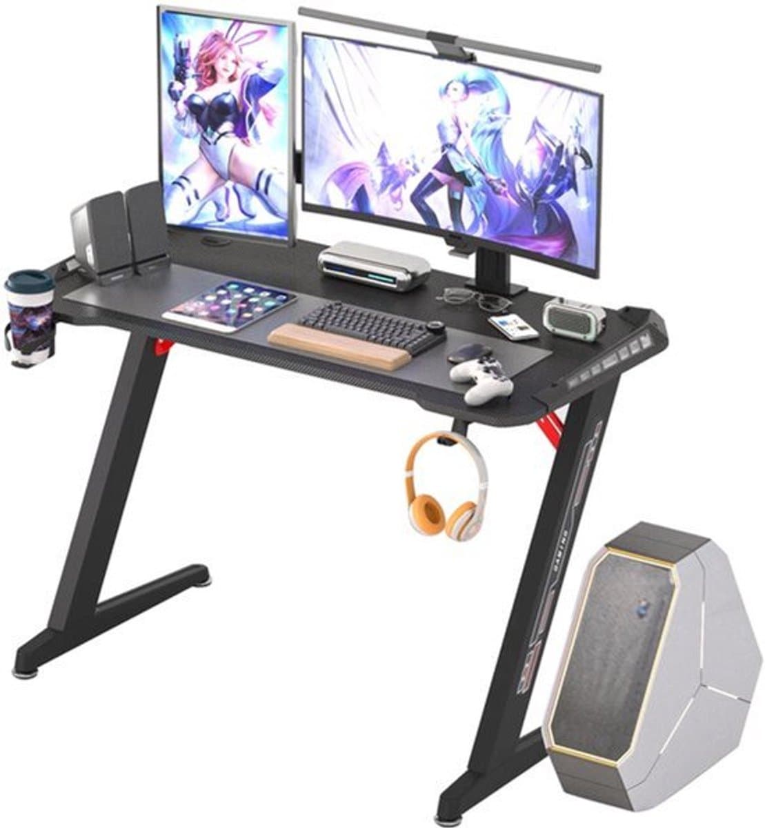 Groot laptopcomputerbureau - 55,11 x 23,62 x 30,71 inch - Rechthoekig staand bureau - Gaming en thuiskantoor - PC-bureau - In hoogte verstelbaar - Z-vormig - Zwart