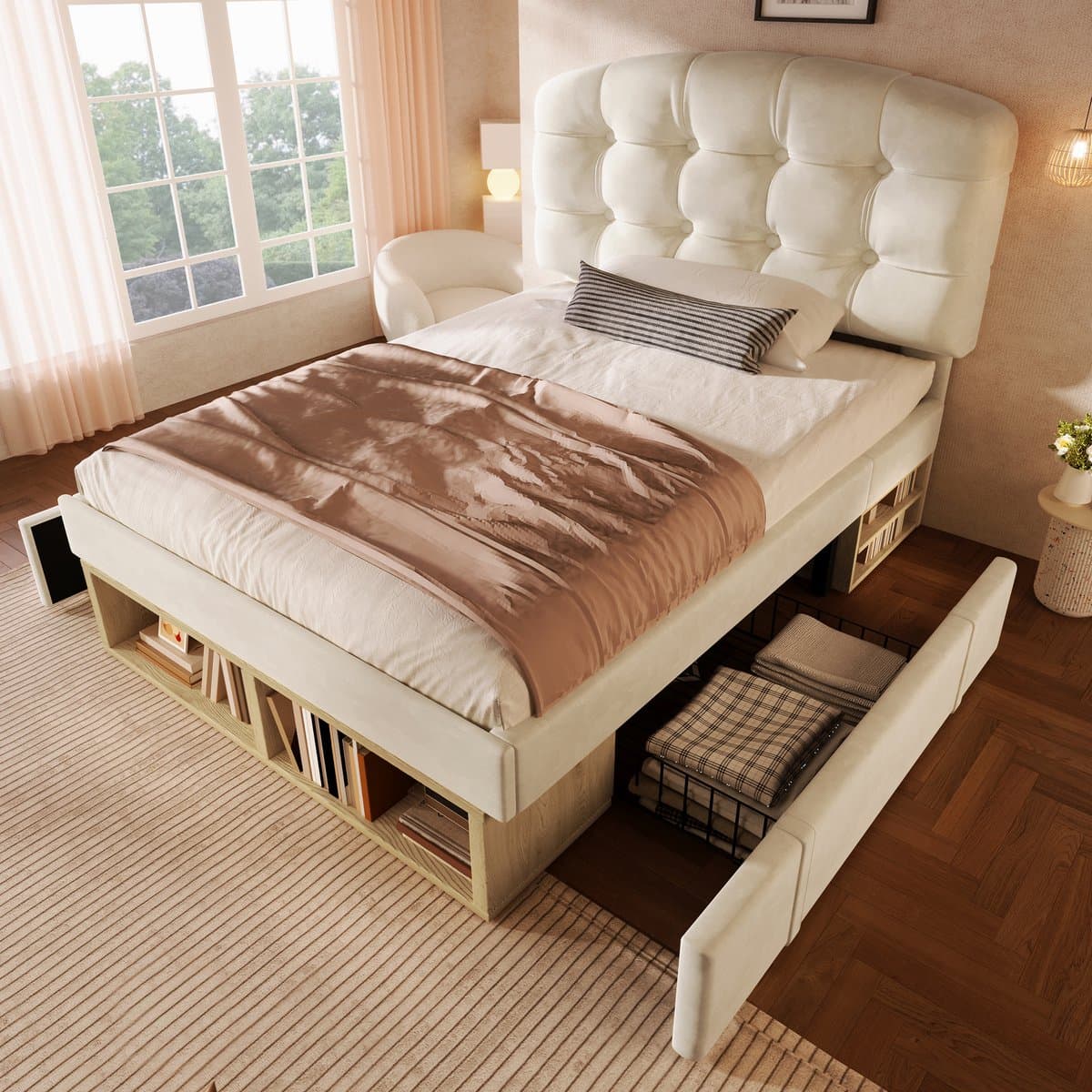 90x200cm gestoffeerd bed - met gebogen en in hoogte verstelbaar hoofdeinde - met lade en opbergruimte - zonder matras - beige