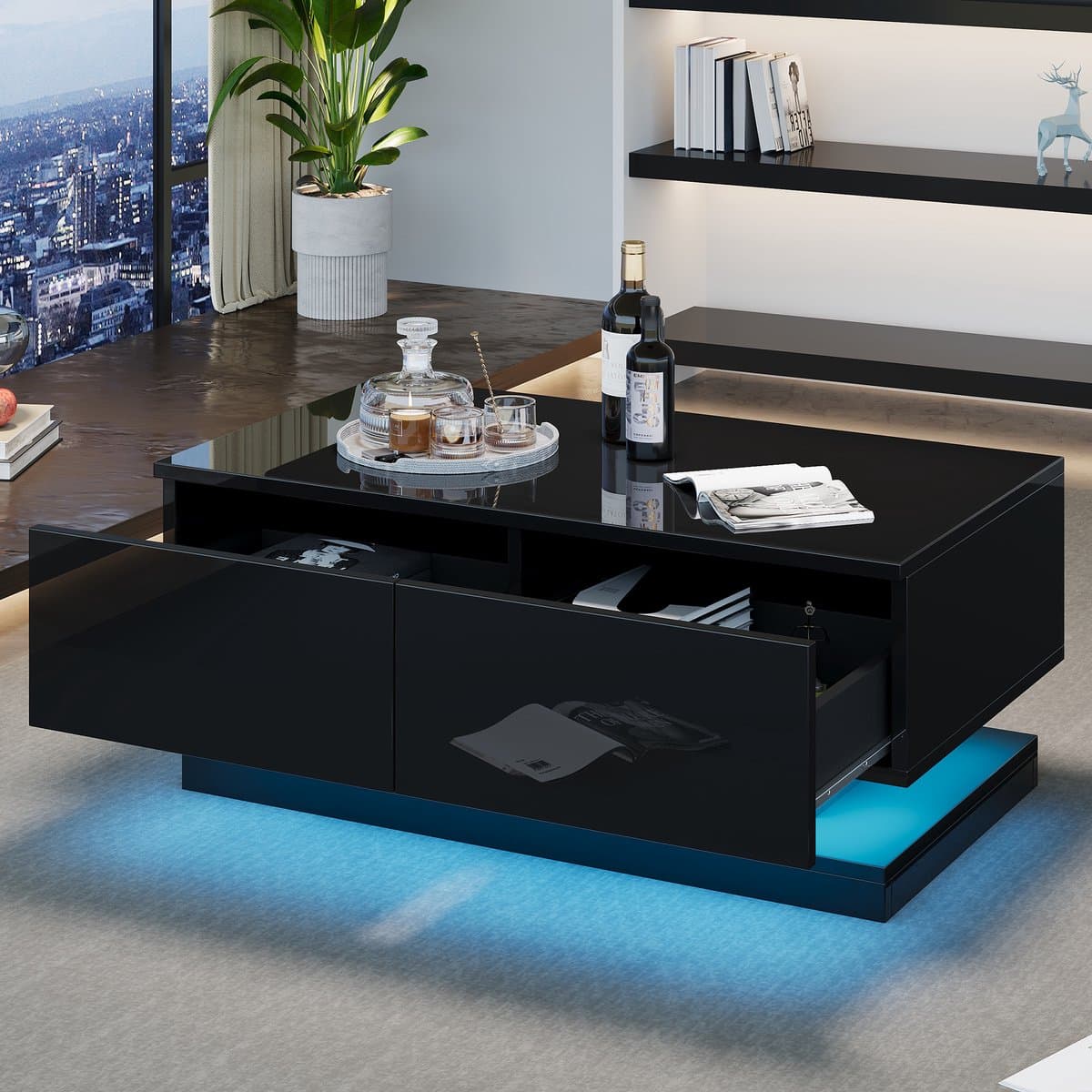 MODENUIT Salontafel - LED-Verlichting Met 2 Laden - Voor Woonkamer - Spaanplaat Hoogglans Zwart - 90x50x38 Cm