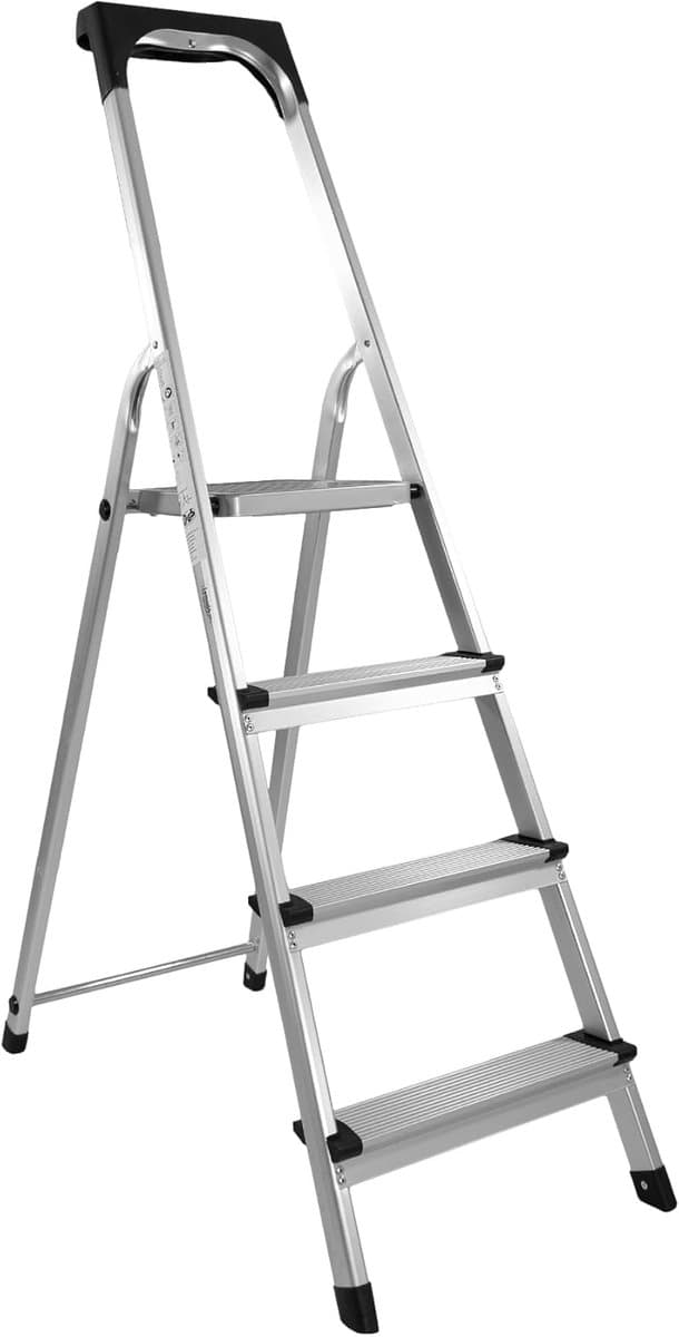 Trapladder - Vouwladder Huishoudladder - Huishoudelijke Taken - Veiligheidsbeugel Inklapbaar - 4 Treden - Aluminiumkleur