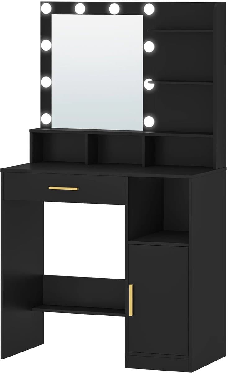 Geargalaxy Make Up Tafel - Kaptafel - Spiegeltafel - Spiegelkast - Opmaakkast - Beautymeubel - Met Verlichting - 40x80x140cm - Zwart