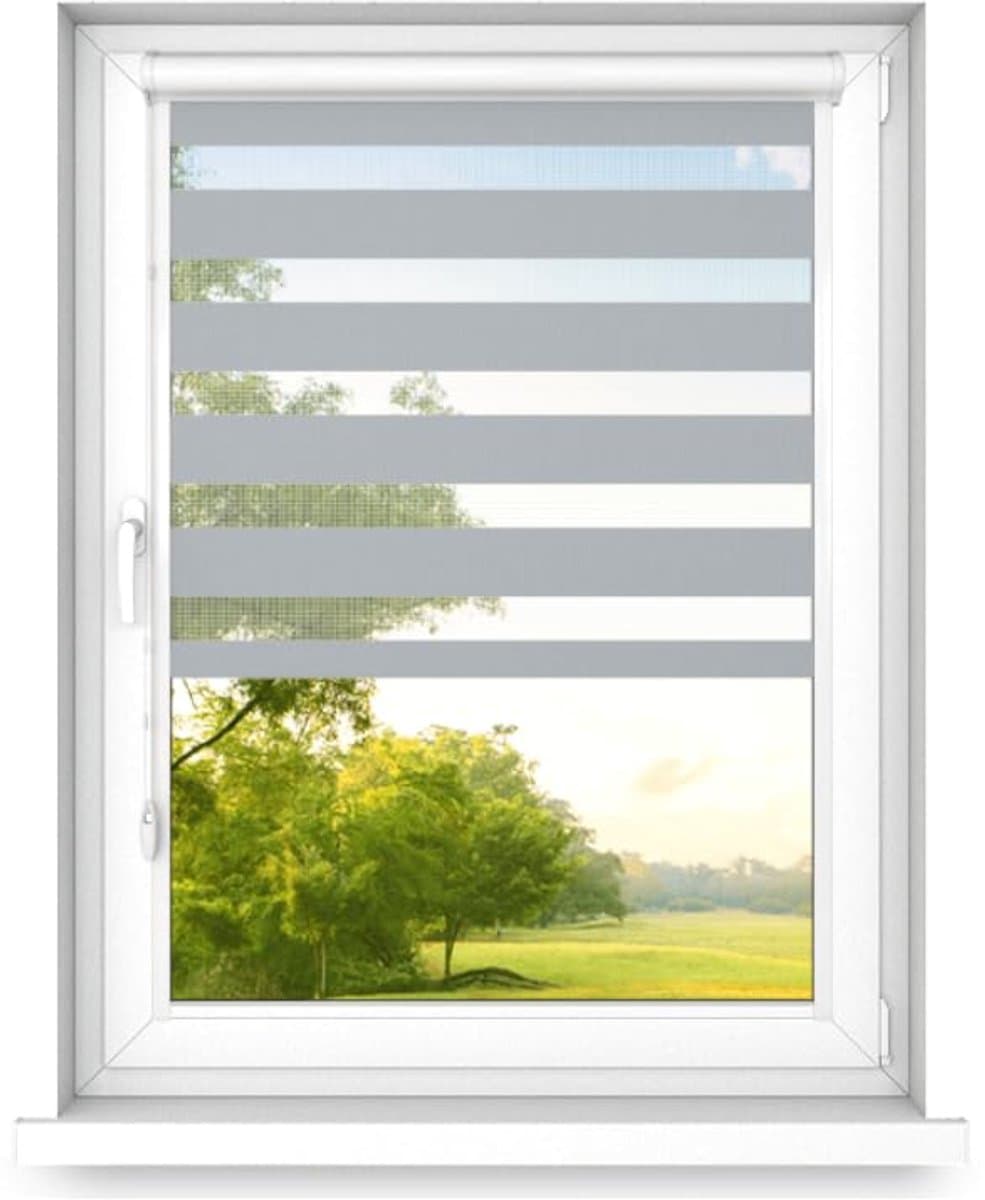 time4blinds - Dubbele Rolgordijnen Zonder Boren - Zebra-Rolgordijnen voor Ramen en Deuren - om te Plakken, met Aluminium Cassette, Lichtdoorlatende Stof - Grijs, 1600x1300, Links
