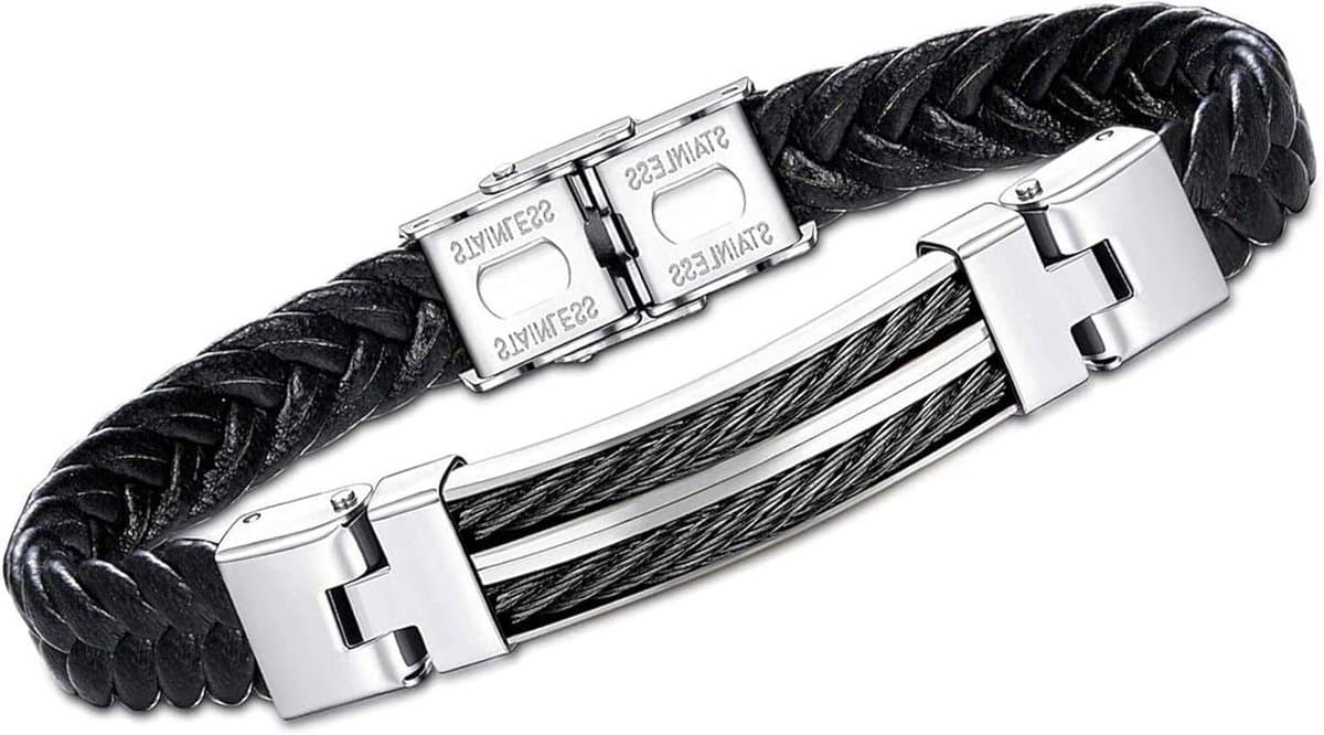 Heren Armband - Leren Armband - Dagelijks Gebruik - Geweven Elementen - 21 cm - Zwart