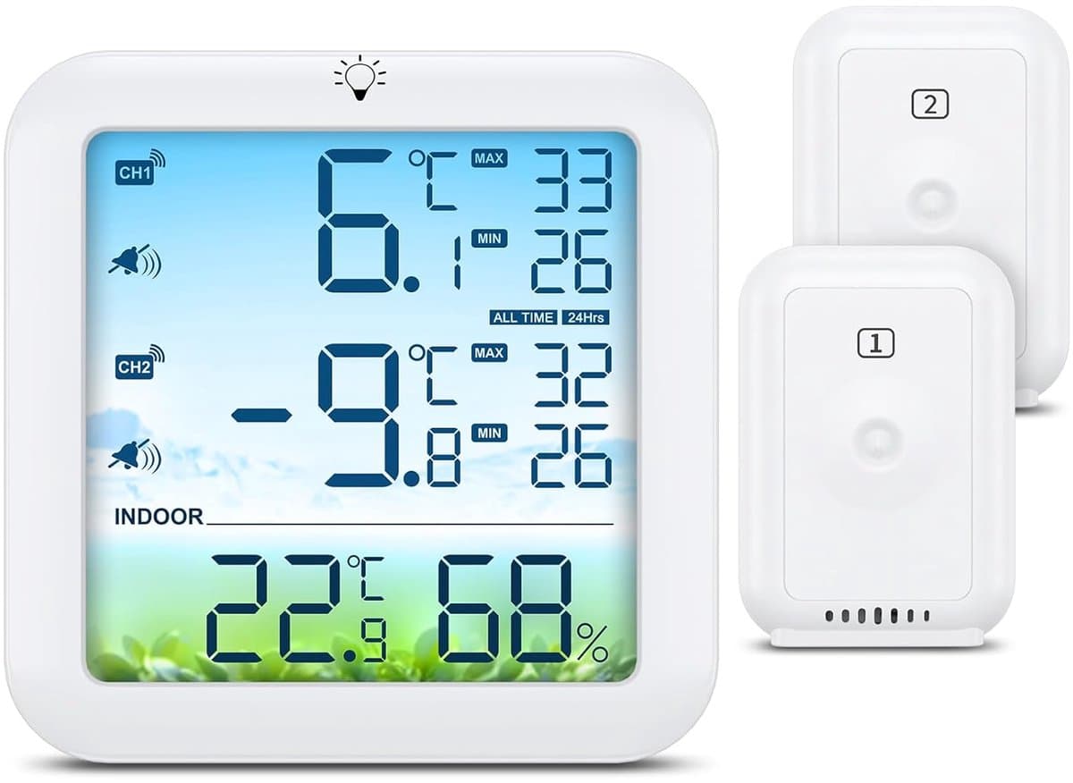 Digitale Thermometer - Koelkast Freezer Monitor - Temperatuur Bewaken - Twee Sensoren Kleurendisplay - 100 Meter Bereik - Wit