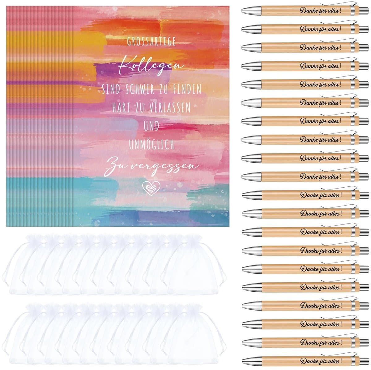 Dailygoods- Afscheidsgeschenken 20 Sets - Collega's Kaarten - Balpen met Gravure - Organza Zakjes - Bedankje voor Collega's - Regenboogstijl met Grappige Spreuken - Collegacadeaus