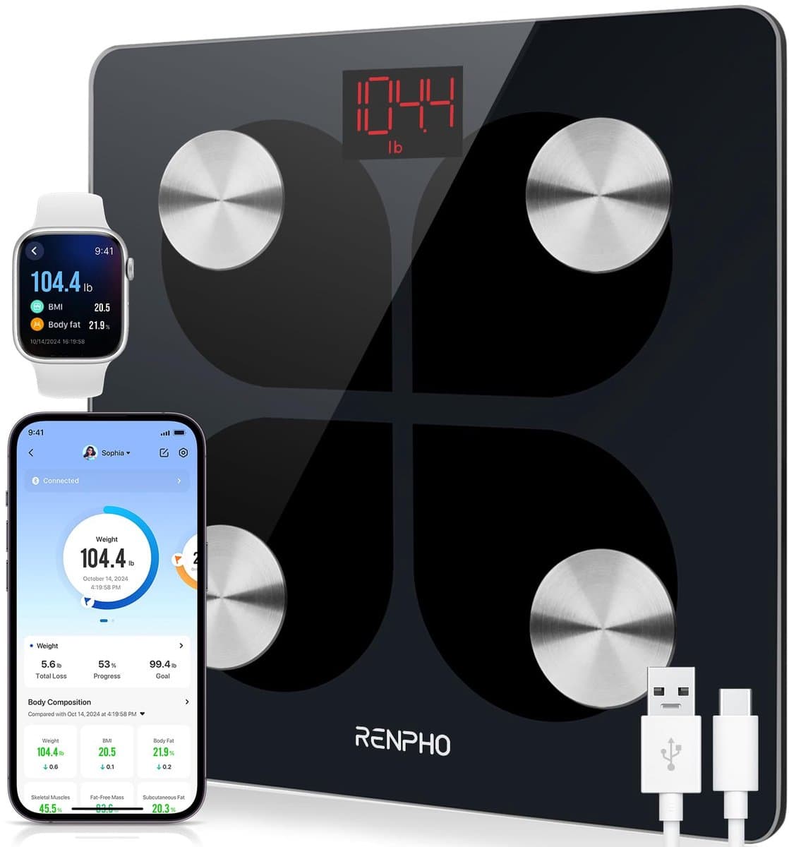 Oplaadbare Bluetooth Lichaamsvetweegschaal - Hoge Precisie - Digitale Badkamerweegschaal - Smart BMI-schaal - Lichaamssamenstelling Monitor met Smartphone-app