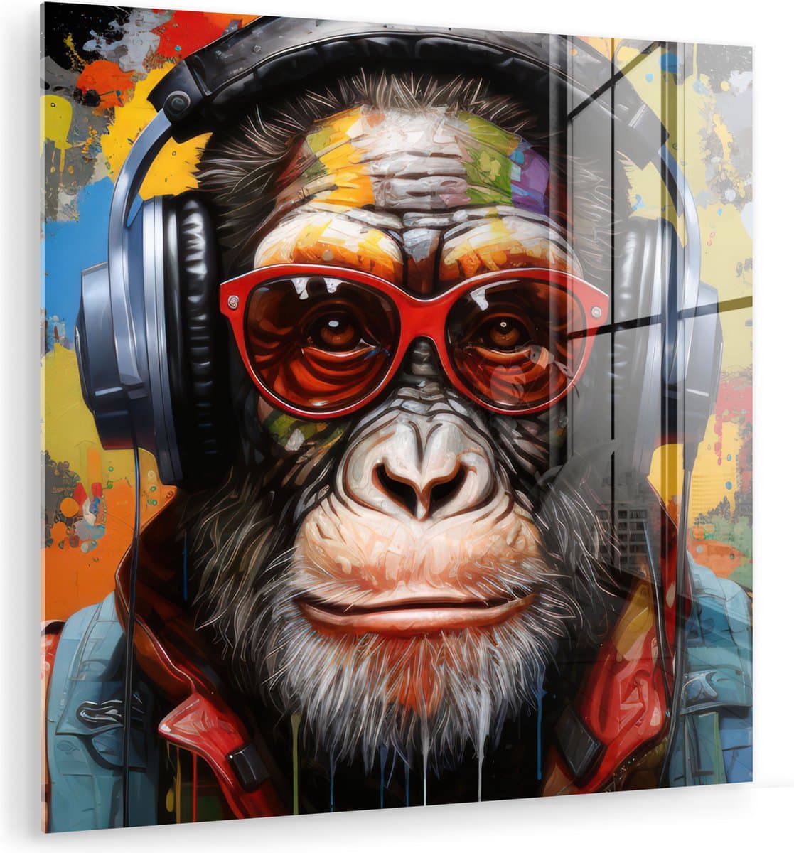 MuchoWow® Glasschilderij 50x50 cm - Schilderij acrylglas - Chimpansee - Aap - dieren - Graffiti - Bril - Koptelefoon - Kleuren - Foto op glas - Muurdecoratie woonkamer - Wanddecoratie slaapkamer - Schilderijen