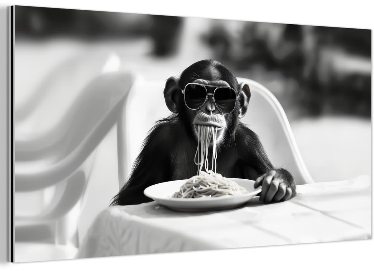 Aluminium schilderij 40x20 cm - Wanddecoratie metaal - Aap - Spaghetti - Zonnebril - Zwart wit - Cool - Dier - Metalen muurdecoratie woonkamer - Decoratie industrieel - Foto op dibond - Industriële accessoires slaapkamer