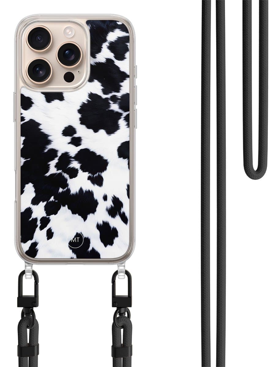 Hoesje met koord geschikt voor iPhone 16 Pro Max - Koeienprint - Inclusief zwart koord - Crossbody beschermhoes - Transparant, Zwart, Wit - Mooie Telefoonhoesjes