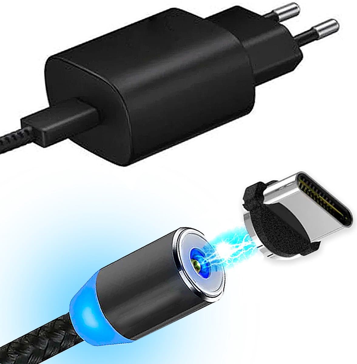 Magnetische USB-C Oplader - Originele AngelTech Magnetische USB-C Oplader - Snel en Veilig Laden - Oplaadkabel - Oplaadblok - Magnetisch Laden - Zwart