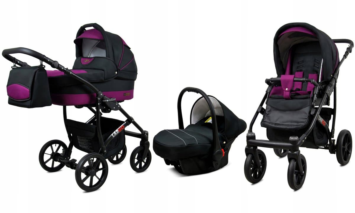BabyLux® Kinderwagen 3in1 – LARGO - BLACK PURPLE BLACK FRAME - Opklapbare Wandelwagen incl. Reiswieg, Multifunctionele Buggy Sportstoel, Autostoel - Combi-kinderwagen met Luiertas, Regenhoes, Klamboe, Bekerhouder, etc.