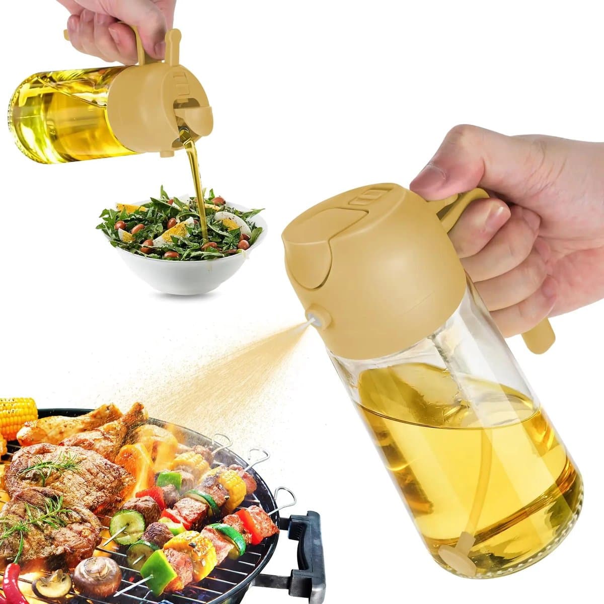 SEVENMOON® 2-in-1 Olijfolie Sprayer – 470 ml – Giet- en Sprayfunctie – Navulbare Glazen Oliefles – Ideaal voor BBQ, Airfryer en Gezond Koken"
