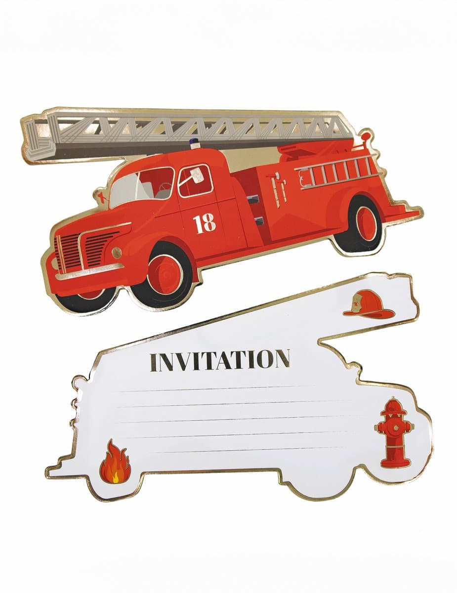 PARTYPRO - 8 brandweerwagen uitnodigingen 17 x 9,5 cm