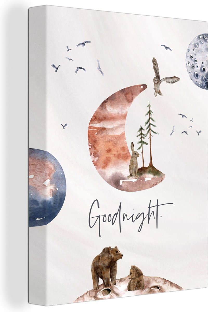 Canvas schilderij kinderen - Canvas kind - Ruimte - Quotes - Goodnight - Dieren - Waterverf - Wanddecoratie - 30x40 cm - Kinderkamer decoratie - Schilderij voor kinderen - Foto op Canvas