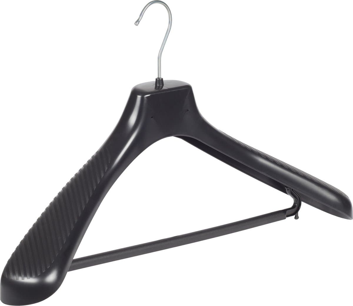 De Kledinghanger Gigant - Mantelhanger - Kostuumhanger - Jassenhanger - Volwassenen - GP48 - 10 Stuks - Kunststof - Zwart - Gebogen Model - Schouderverbreding 7 cm - Broeklat - 48 cm - Kledinghanger - Kleerhanger - GP-Serie (GP48/B_00/10)