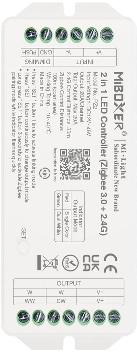 2 in 1 LED Controller DC12-48V Zigbee en 2.4GHz met Hoge Prestaties Max 20A en Push Dim