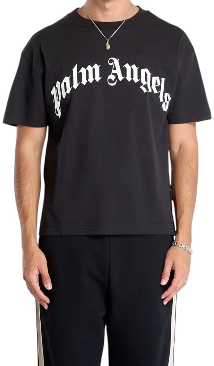 Palm Angels Heren T-shirt Zwart PMAA109S26JER00G/1003 Curved Logo Regular