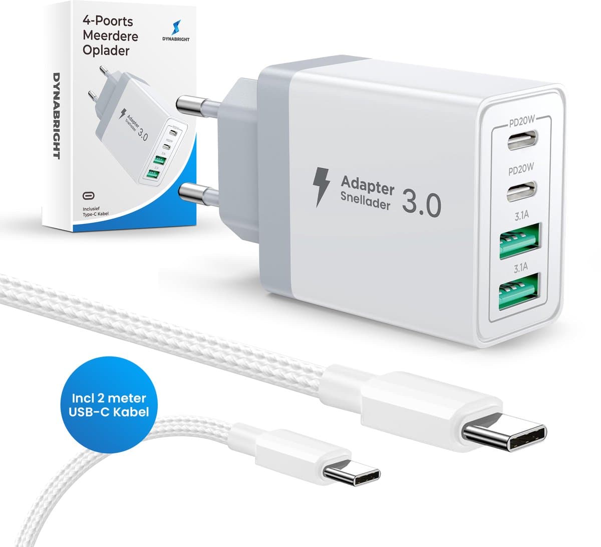 Dynabright Snellader - 40W - USB Adapter - Incl. USB-C kabel - 4 poorten - USB-C & USB-A - Oplader - USB Stekker