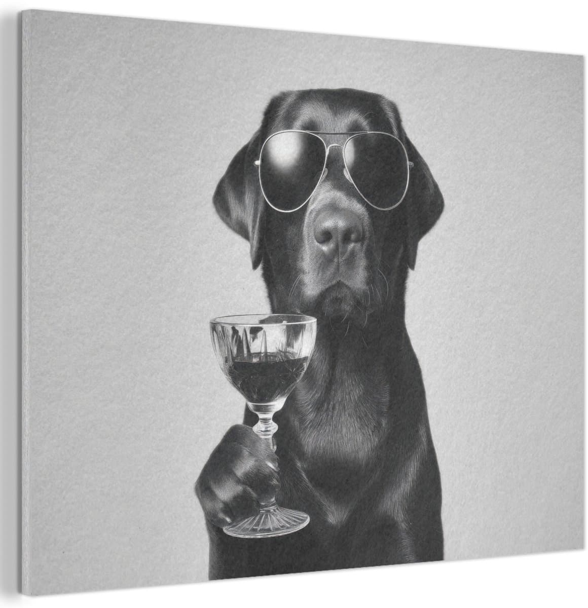 Akoestisch wandpaneel 40x30 cm - Vilt schilderij Hond - Zwart - Wijnglas - Zonnebril - Akoestische panelen - Geluidsdempende wanddecoratie - Geluidsisolatie woonkamer - Muurdecoratie geluidspanelen