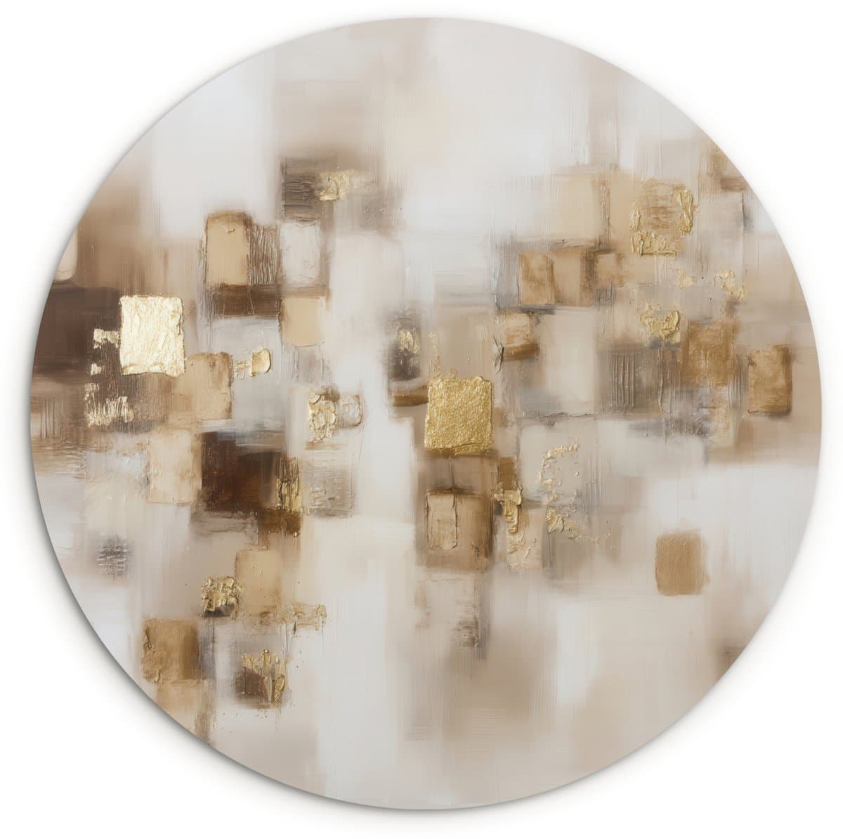 WallCircle® Wandcirkel 90x90 cm - Muurcirkel Abstracte vierkanten - Aardetonen - Mistig - Muurdecoratie woonkamer - Wanddecoratie slaapkamer - Kamer decoratie accessoires - Ronde schilderijen