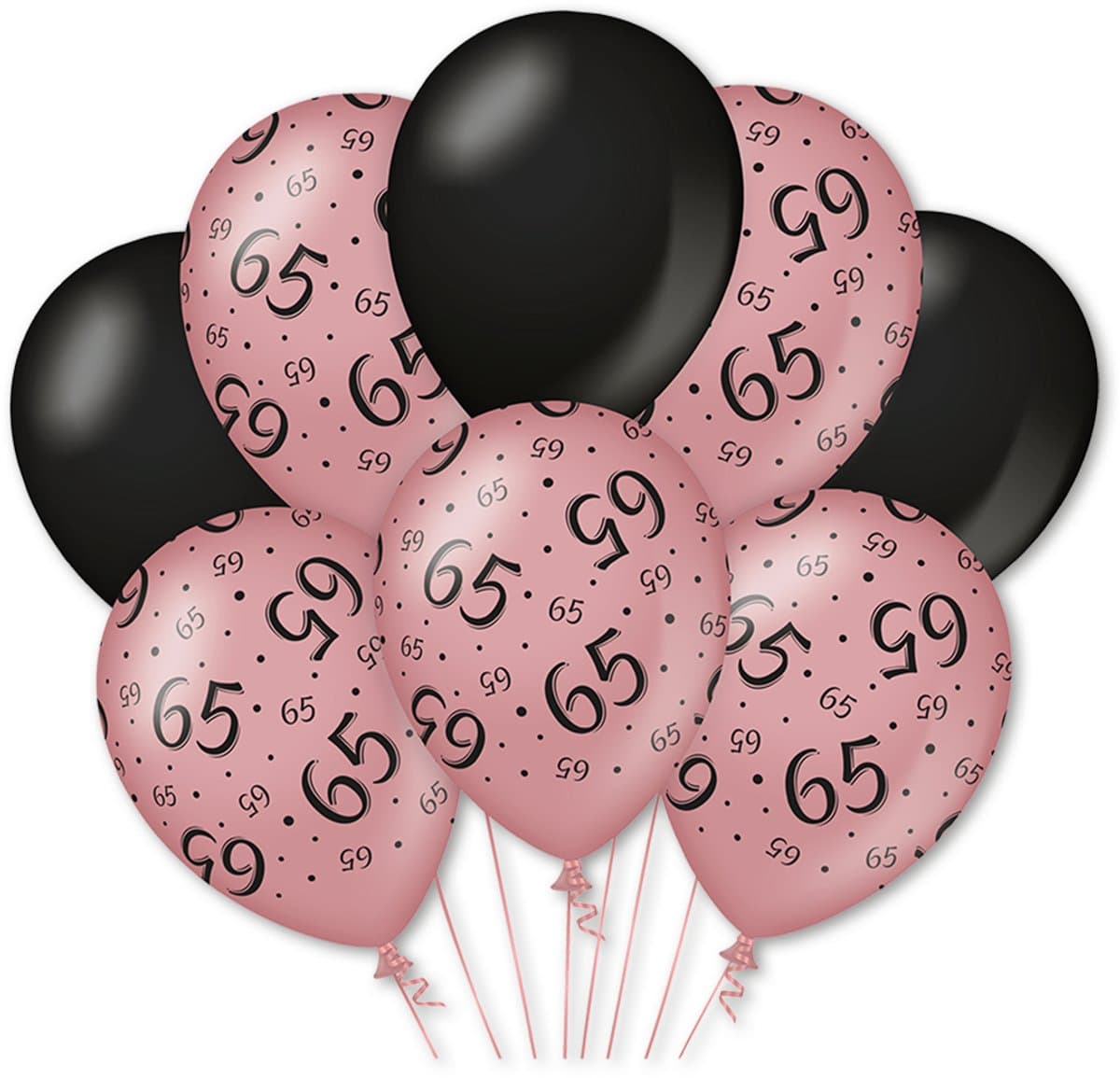 LUQ – Latex Ballonnen 65 Jaar – 8 Stuks – Roze-Zwart – Luxe Verjaardag Decor – Feest Versiering – Geschikt voor Helium