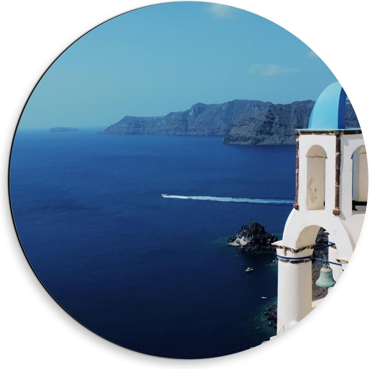 Dibond Wandcirkel - Blauw/Witte Toren aan Zee - 50x50cm Foto op Aluminium Wandcirkel (met ophangsysteem)