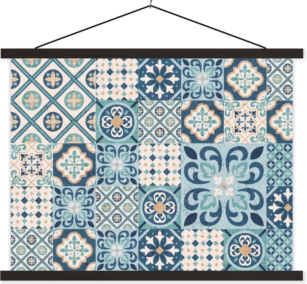 Posterhanger incl. Poster 150x113 cm - Schoolplaat - Bloemen - Blauw - Design - Tegel - Textielposter - Blanke latten