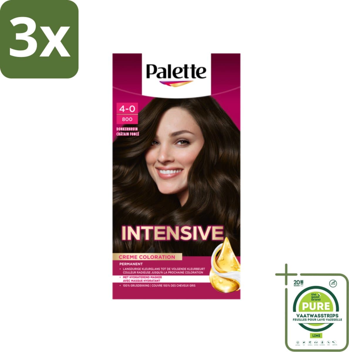 3 x Palette Intensive Oil-Care Color Haarkleuring 800 Donkerbruin - Grootverpakking - Haarverf - Donkerbruin - Permanente Haarverf - Arganolie - Glans