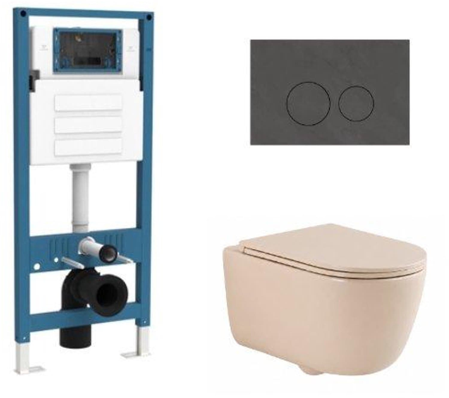 QeramiQ Dely Swirl Toiletset - inbouwreservoir Qeramiq Flush - slim zitting - natuursteen donker marmeren bedieningsplaat - ronde knoppen - beige