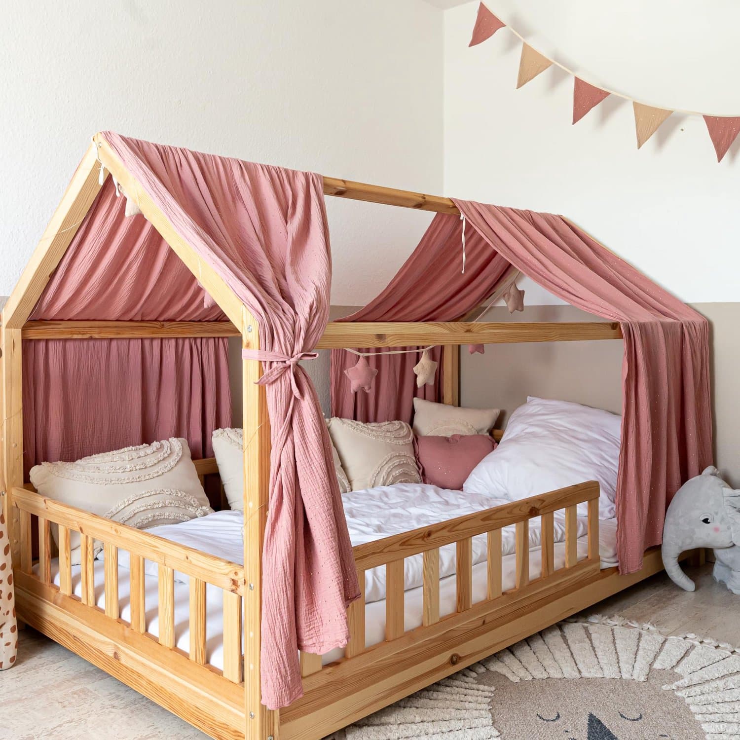 LILIMAUS Huisbed hemeltje met gouden details - bedhemel voor huisbed - 67,5 x 320 cm - mousseline katoen - oudroze