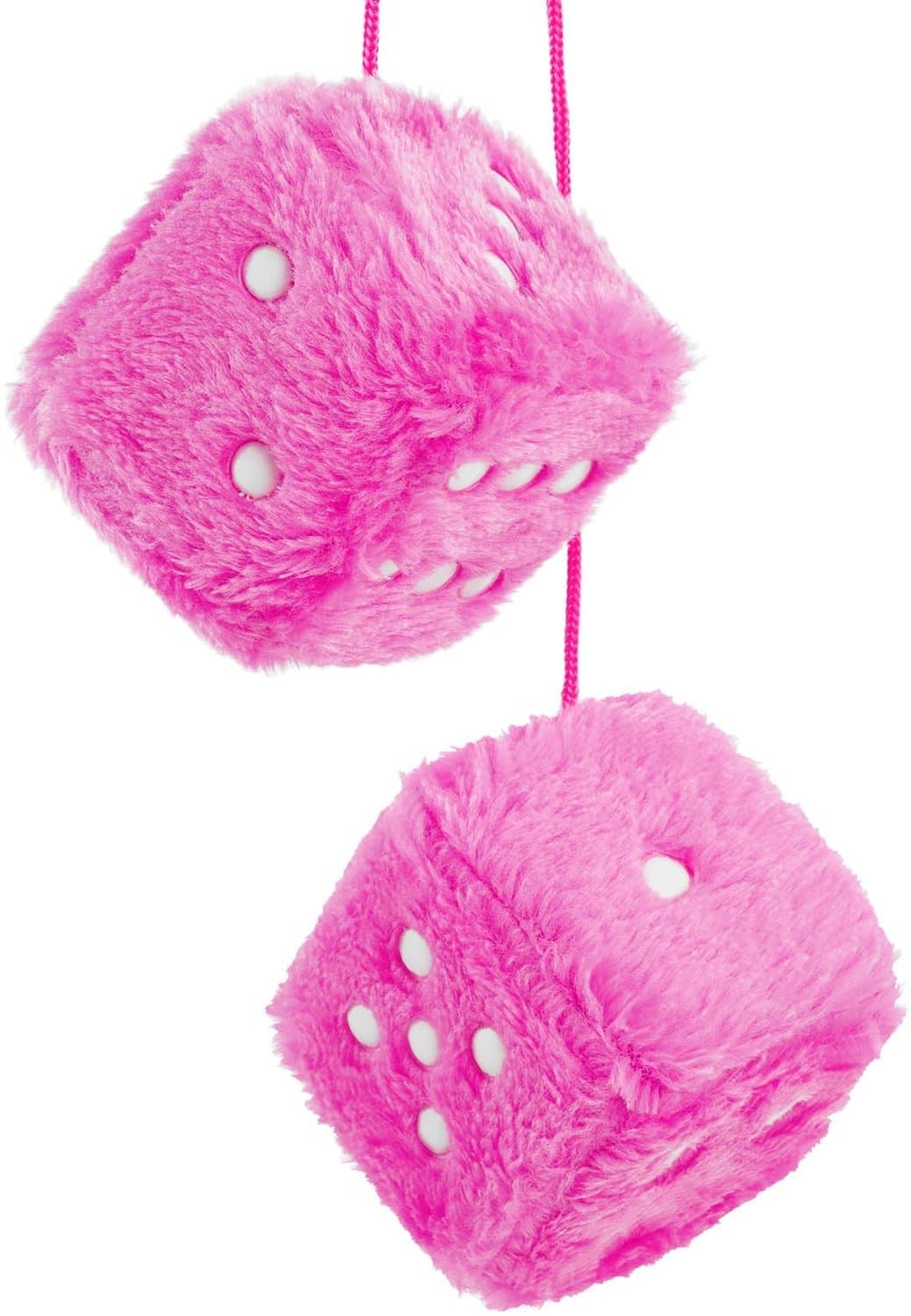 Fuzzy dobbelstenen voor autospiegel - retro pluche - roze met witte puntjes - sfeervolle decoratie voor auto - ShopVlot