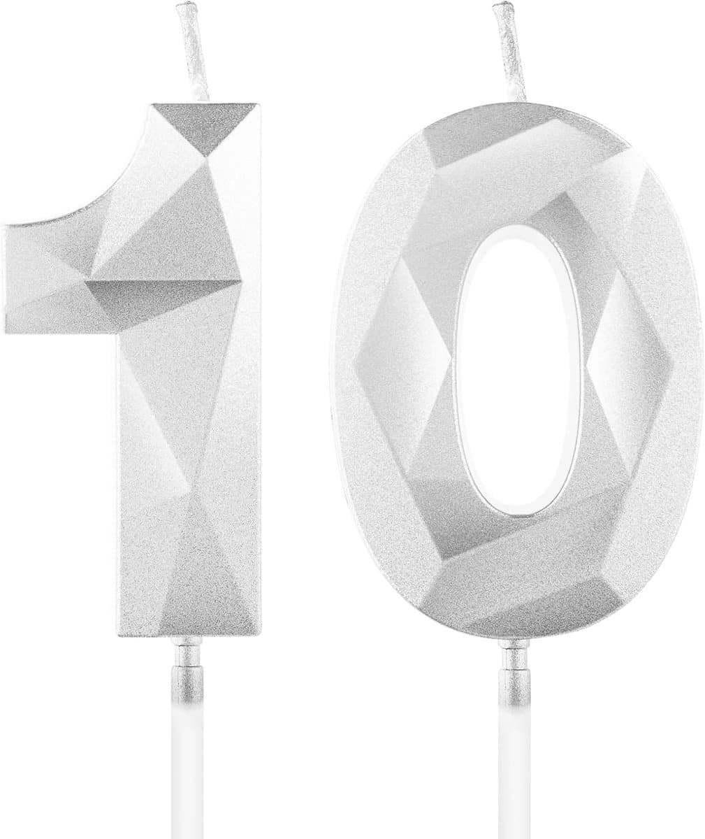 Zilveren kaarsen voor 10e verjaardag, nummer 10 gelukkige verjaardagskaarsen, zilveren taarttopper decoraties voor verjaardagsfeest, huwelijksverjaardag viering levering voor mannen vrouwen