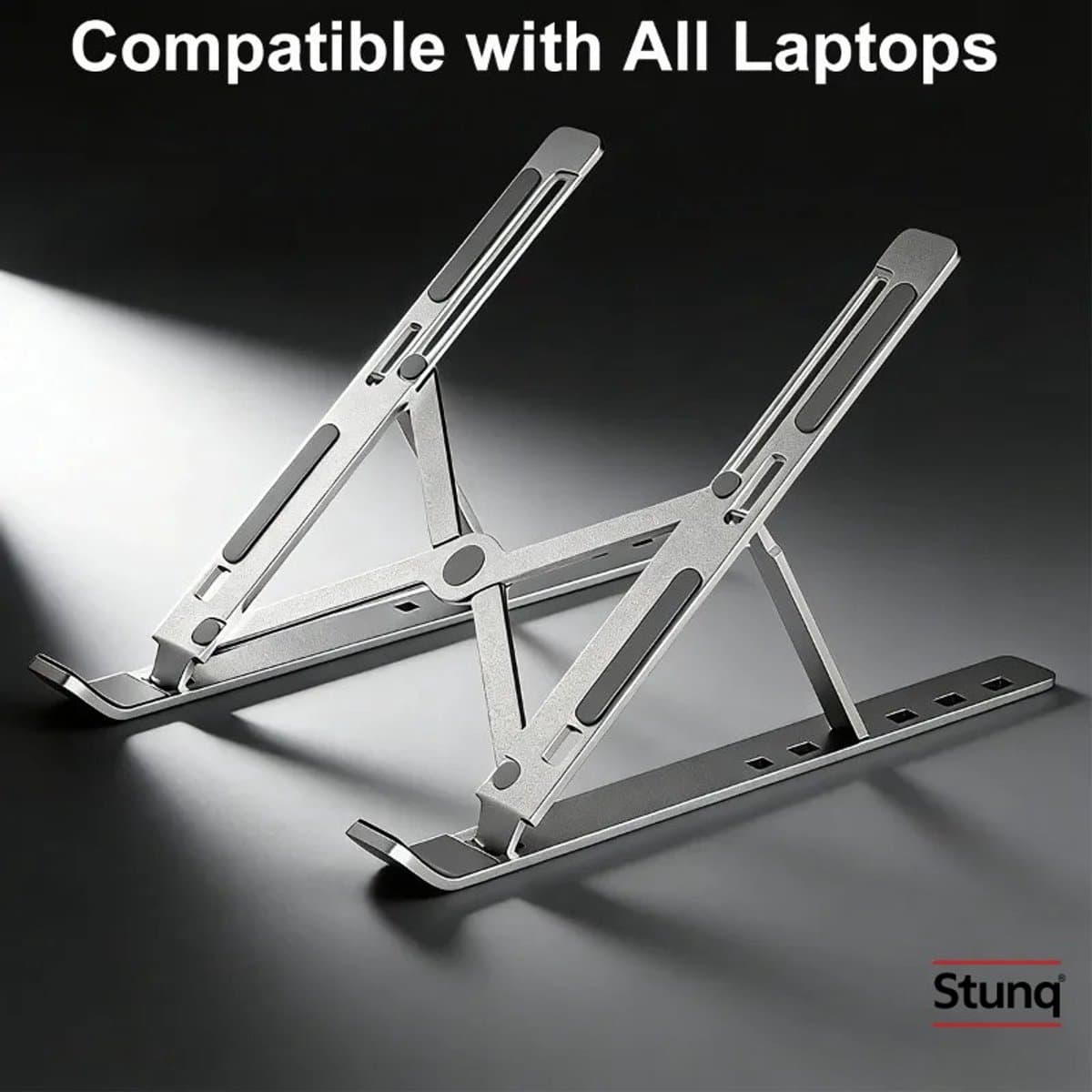 Stunq® Vouwbare Laptopstandaard – Verstelbare Metalen Standaard voor MacBook, Notebook en Tablet – Zilver