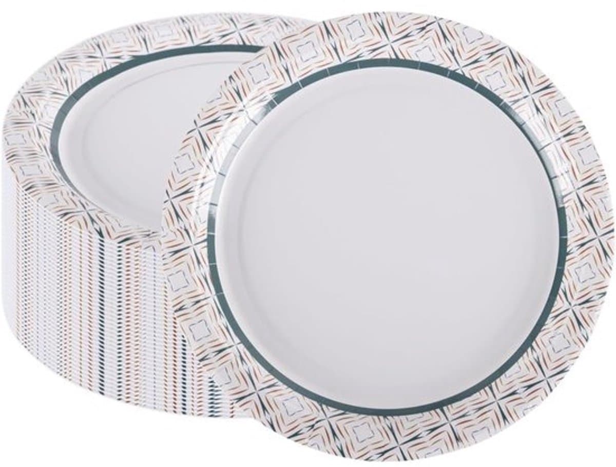 50 stuks papieren borden - 23 cm - wit - Zware papieren schalen - met geometrische patroonranden - snij-, week- en krasbestendig - Voor dagelijks gebruik, catering, feesten en evenementen