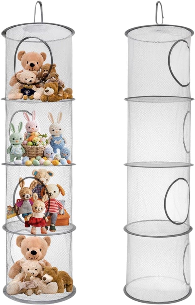 2 stuks opbergnet voor speelgoed, 4 opbergniveaus van netstof, hangende opbergmand van mesh voor het opbergen van pluche, speelgoed, kleding (grijs)