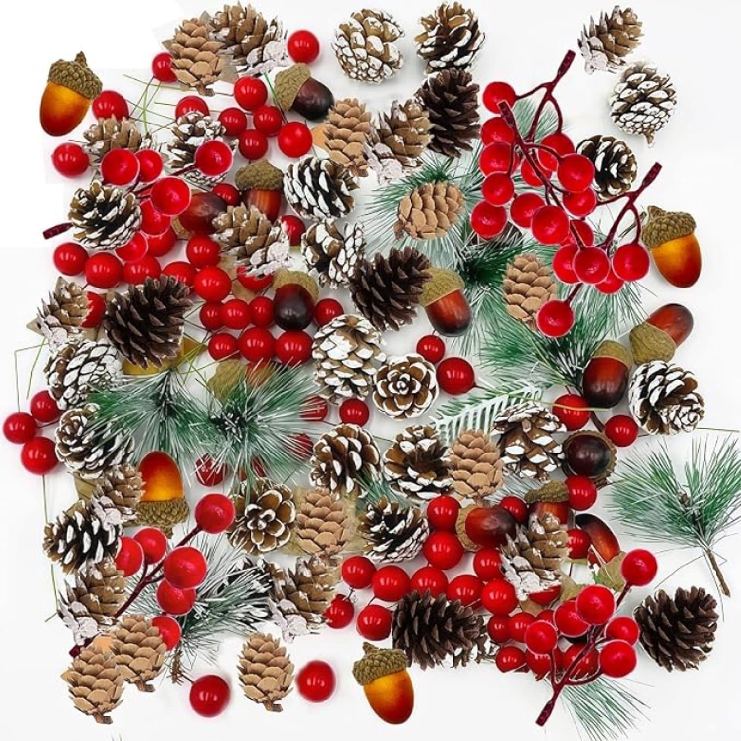 Livatto Kerstdecoratieset 120 stuks - Kunstmatige Dennenappels, Rode Bessen, Dennentakken en Eikels voor Kerststukjes en DIY