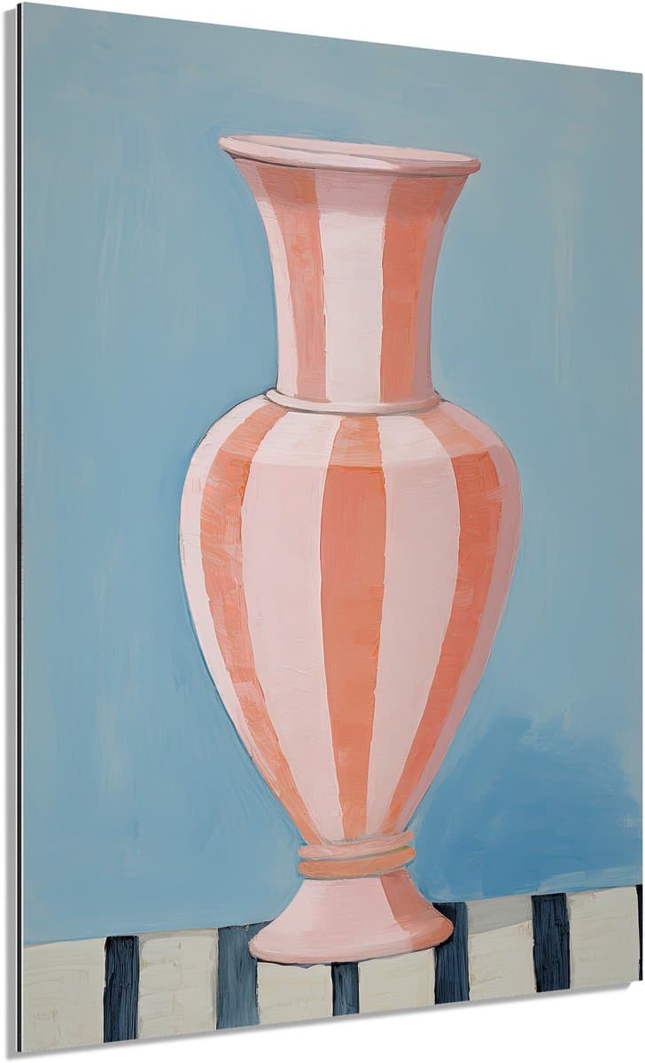 Roze vaas blauw - Schilderij 40x60 cm - Wanddecoratie op Aluminium Dibond - Aluminium Wandpaneel
