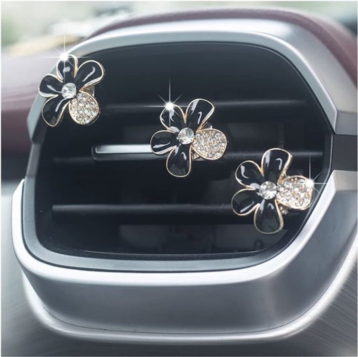 Auto Ontluchter Clips Pack van 6 - Decoratieve Bloemvorm - Luchtuitlaat Clip - Schattige Auto Decoratie - Legering met Strass - Afmetingen 2,4 x 2,4 cm